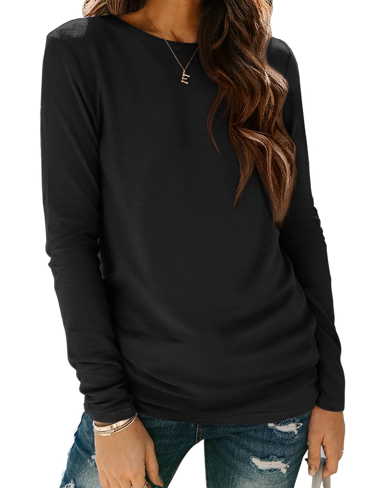 ATHMILE Ladies Loose Fit Basic Tee Fall Outfits 2025 Women Underscrub Long Sleeve Tops Fashion Crew Neck Shirts Fall Blouse Trendy Black