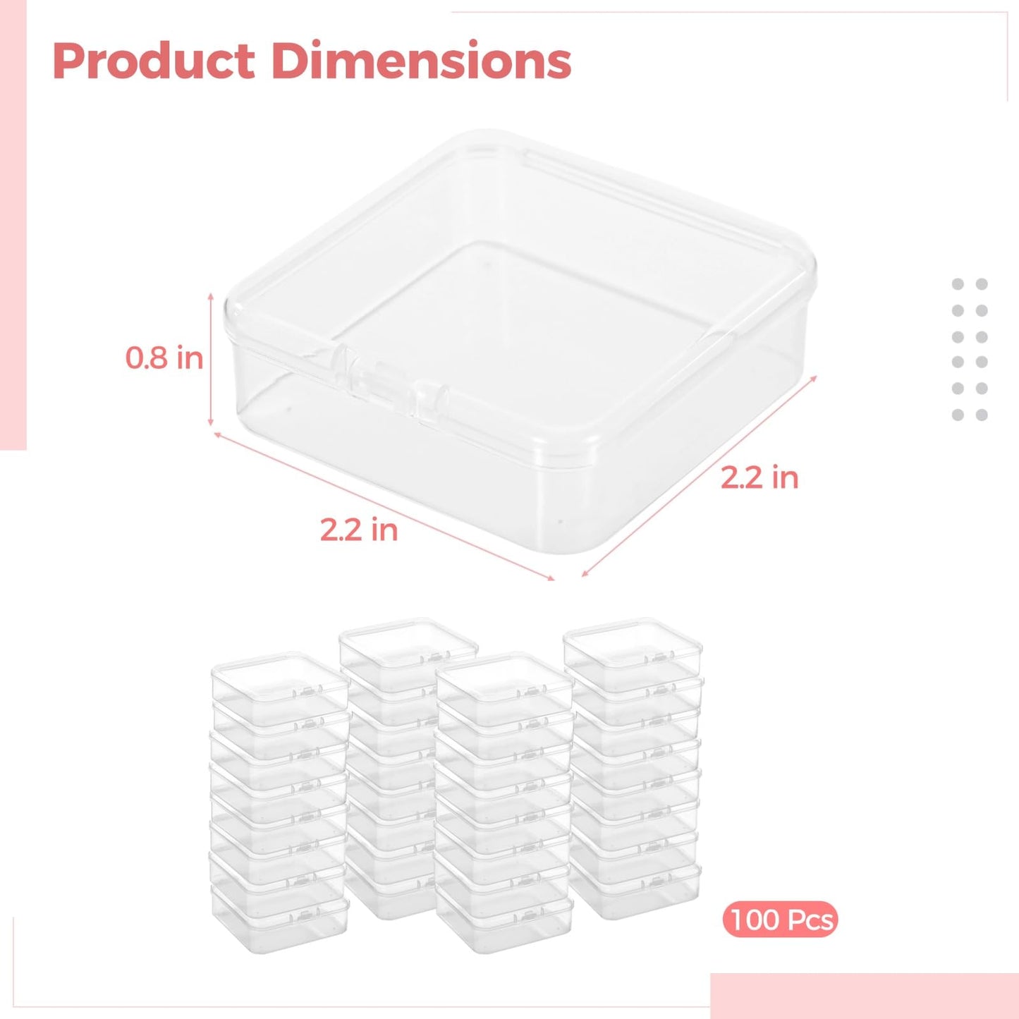 100 Pcs Plastic Bead Storage Containers, 2.2 x 2.2 x 0.8" Small Storage Boxes, Clear Square Containers with Hinged Lids, Mini Organizer Cases for Jewelry, Crafts, Small Items, Parts