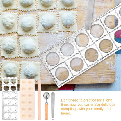 Ravioli Press Mold Set, 12 Holes Ravioli Maker Press,1 x Pasta Cutter Stamp Maker, 1xWood Rolling Pin Pasta Making Tools,1x Filling Spoon,for Ravioli, Dumpling,Hand Pie