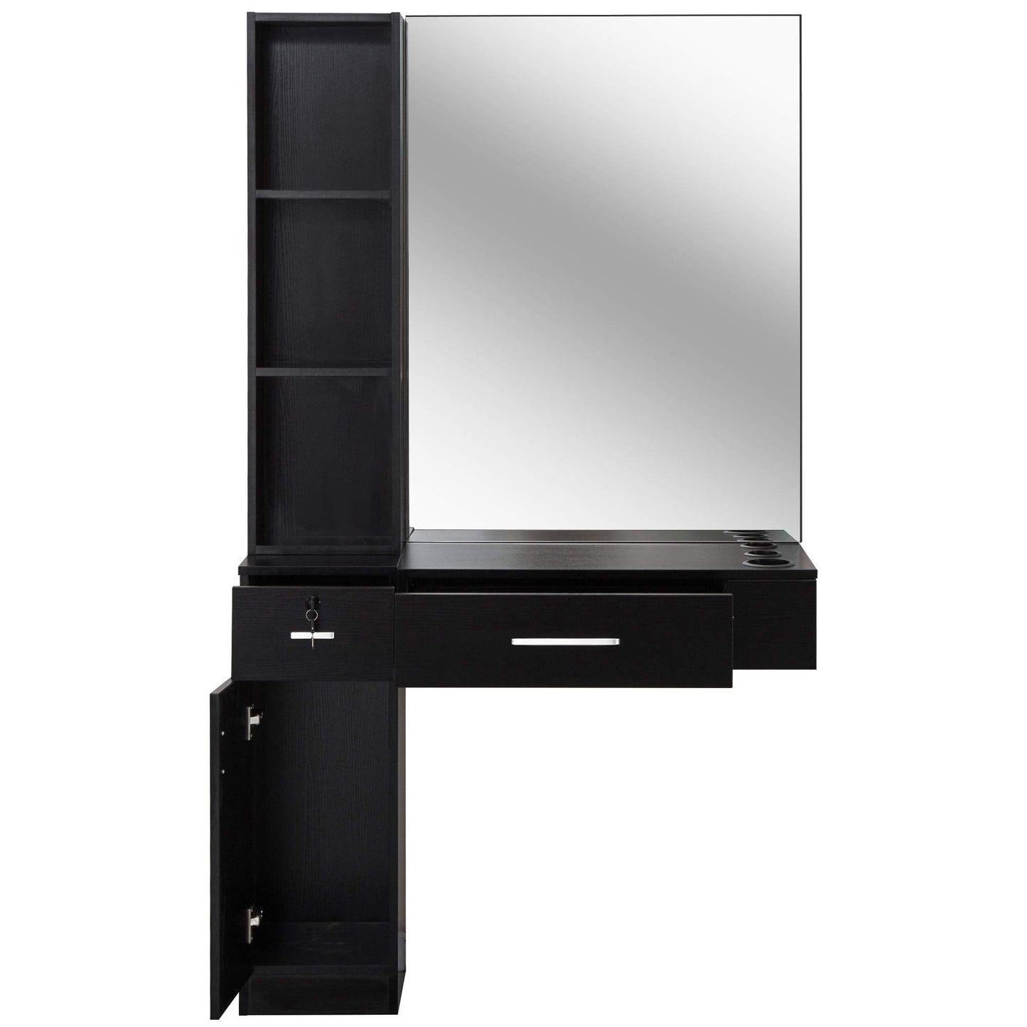 BarberPub Wall Mount Hair Styling Station with Mirror Beauty Salon Spa Equipment Set with 3 Hair Dryer Holders 3036 (Black)