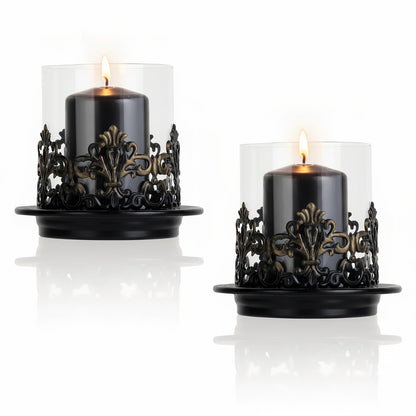 Woparty Vintage Gothic Glass Hurricane Candle Holders, Black Metal Base with Gold Accents, Clear Glass Sleeve, 4.3x4 Inch, Set of 2, for Pillar Candles