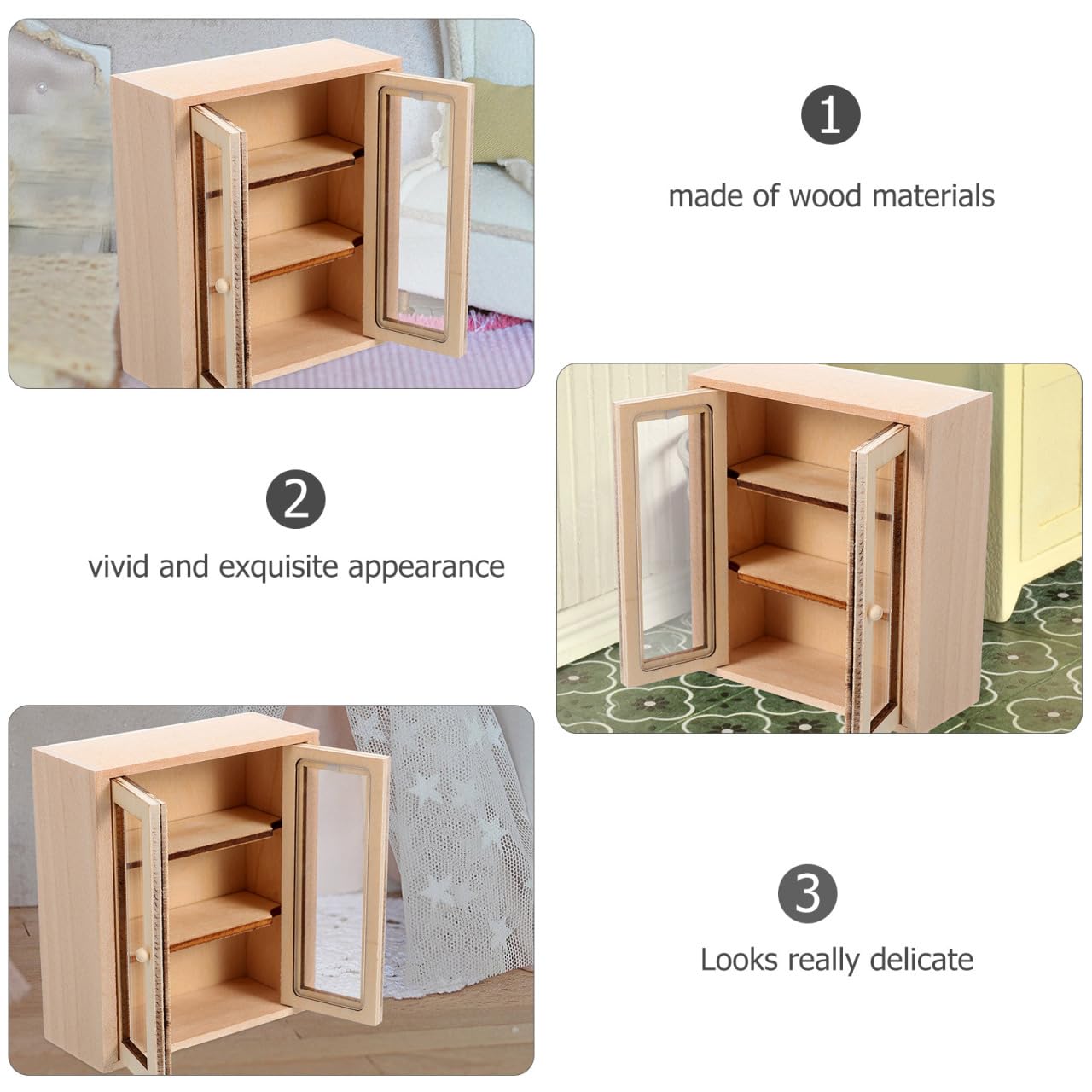 Toyvian Miniature Wooden Storage Cabinet, 3pcs 1:12 Scale Dollhouse Unfinished Wood Display Shelf Model Tiny Furniture Accessories for Doll House Bedroom Living Room Decor