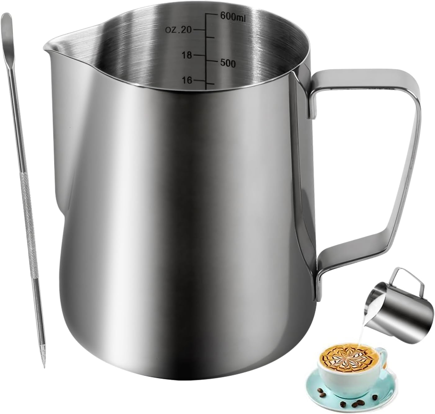 20oz 600ml Milk Frothing Pitcher, Large Capacity Stainless Steel Milk Coffee Cappuccino Latte Art Jug with Latte Art Pen