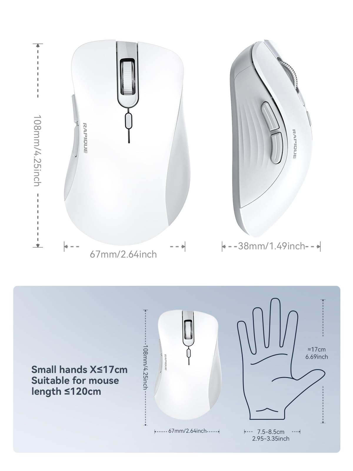 RAPIQUE Bluetooth Wireless Mouse - Dual Bluetooth & 2.4 GHz USB Receiver, Ergonomic Design, Quiet Clicks, Low Power - Multi-Device Compatibility for MacBook, Laptop, Computer, iPad Air/Pro (Pink)