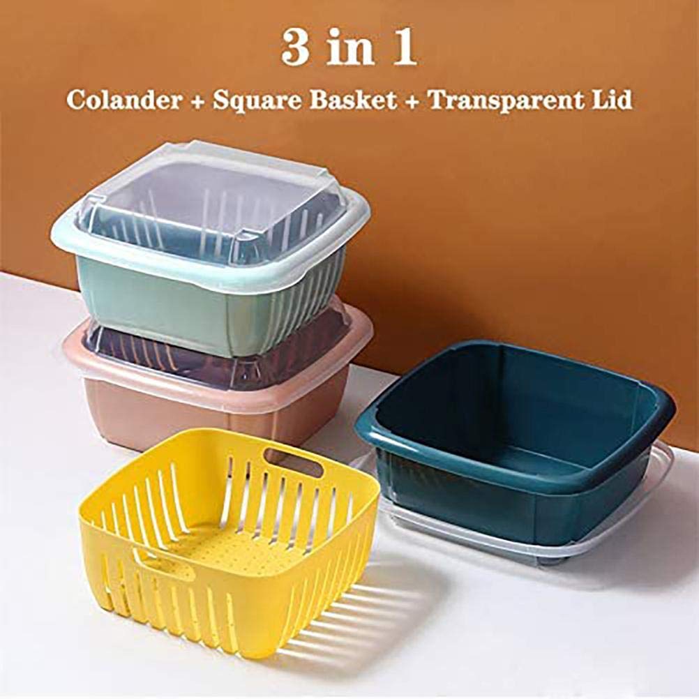 Colander Set with Strainer Bowl, Kitchen Colander with Lid Household Double Layer Fruit Washing Basket Multifunction Storage Containers for Fruits Vegetable (Blue)