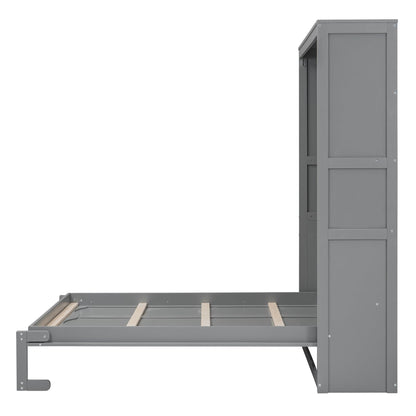 Ball & Cast Full Size Murphy Bed Wall Bed with Shelves and Mattress Holder,Wood Hideaway Cabinet Chest w/Slat Support,can be Folded,for Small Room,Dorms,Gray