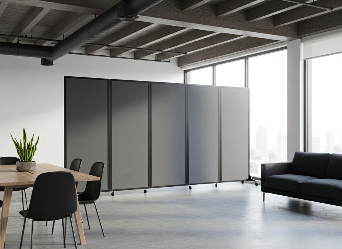 Versare Easy Wall Folding Room Divider | Freestanding Office Partitions | Classroom Dividers | Locking Wheels | Portable Room Separator | 14' Wide x 6' Tall Charcoal Gray Fabric Panels