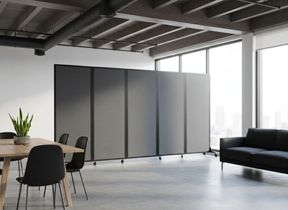 Versare Easy Wall Folding Room Divider | Freestanding Office Partitions | Classroom Dividers | Locking Wheels | Portable Room Separator | 14' Wide x 6' Tall Charcoal Gray Fabric Panels