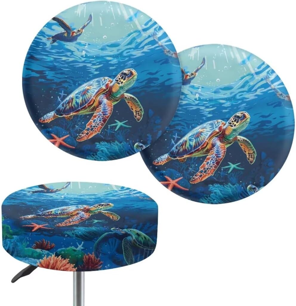 Pack 4 12 14" Kuiaobaty Round Chair Cover of pcs Turtle Theme Print Bar Stool Cover Elastic Comfy Round Seat Cover