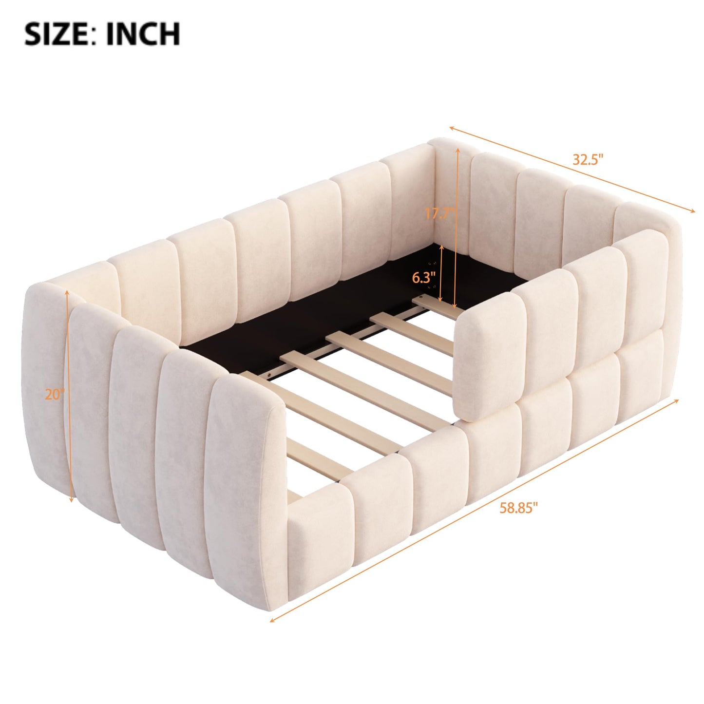 Merax Upholstered Floor Daybed with Removable Guardrails, Compatible with Standard US mattresses, Safety Bed with High Headboard & Footboard, Beige
