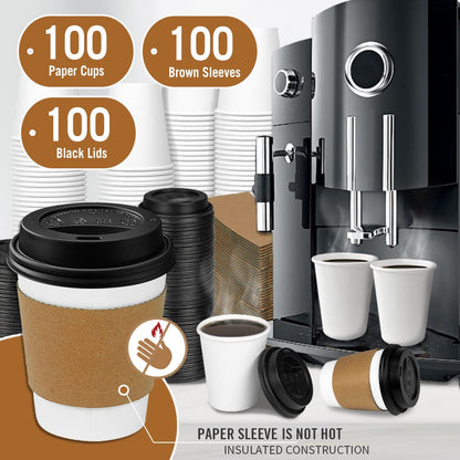 Ginkgo 100-Pack 8 oz Thickened Disposable Coffee Cups with Lids and Sleeves, To Go Cups for Hot Beverages, Perfect for Hot Coffee, Cocoa, and Chocolate