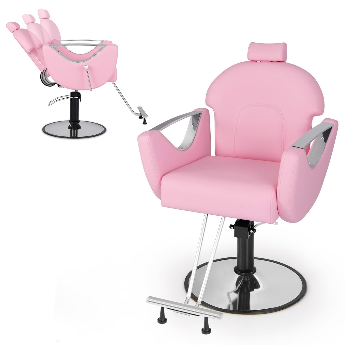 Giantex Reclining Barber Chair - Salon Chair for Hair Stylist, 360 Degrees Swivel, Adjustable Height & Headrest, Heavy Duty Hydraulic Pump, Hair Styling Chair for Makeup Facial Waxing Tattoo (Pink)
