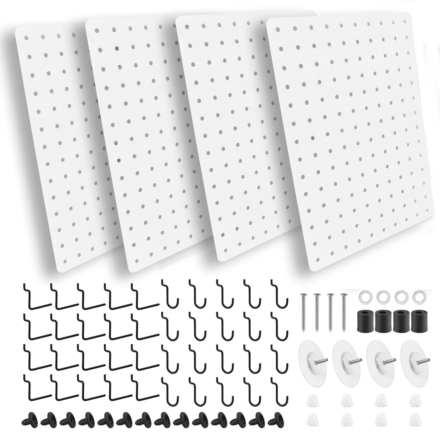 G.CORE Steel Pegboard and Hooks - 44pcs Peg Board Panels Organizer 1/4" Holes 14"x10" with J L Hooks - Kitchen Bathroom Craft Office Garage Tool Display Organization Drill/Adhesive Mounting (White)