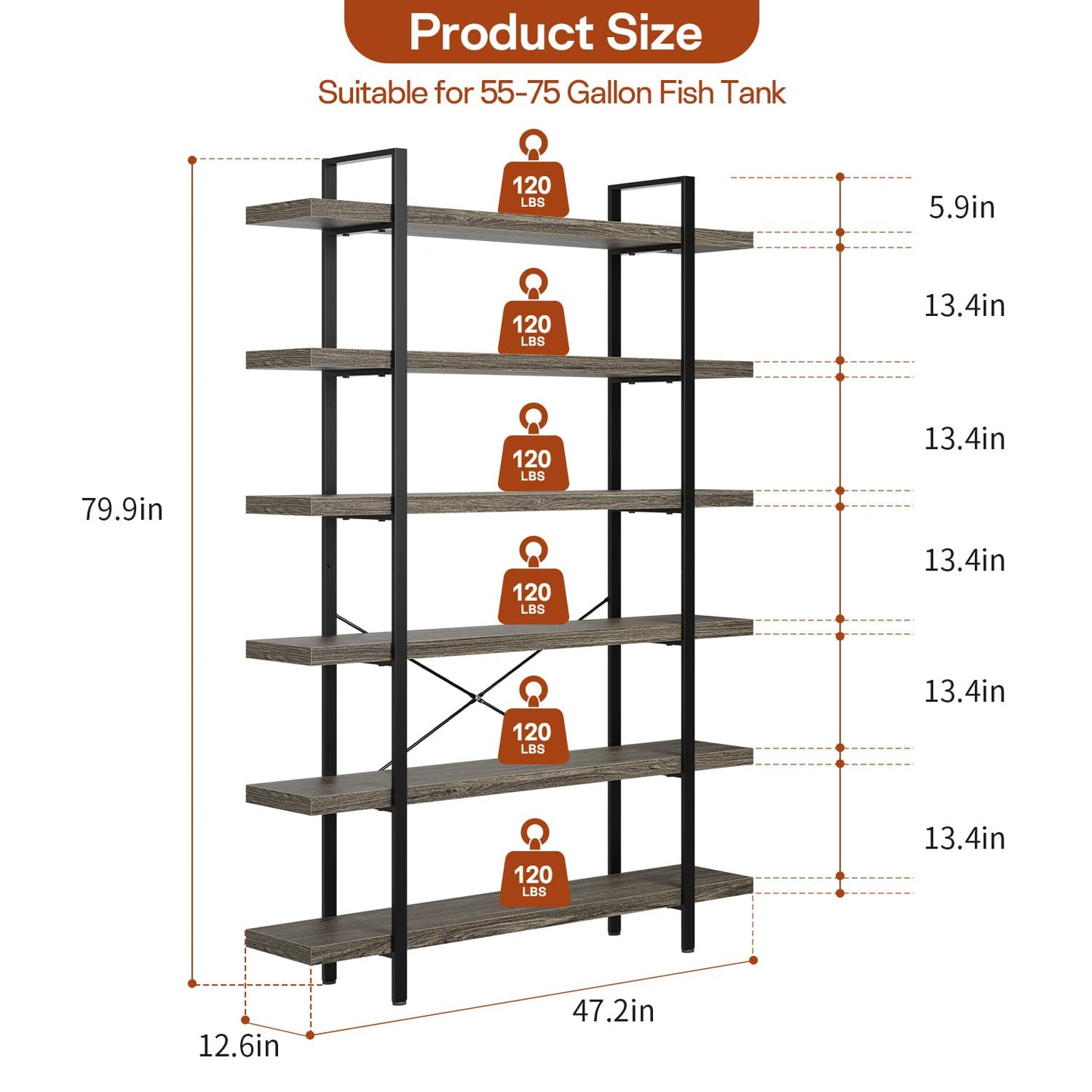 6 Tier Book Shelf, 47'' Wide Wood Industrial Bookshelf, 120lbs Shelf Capacity, Open Storage Shelves, 80'' Tall Heavy Duty Display Shelving, Rustic Grey Bookcase for Bedroom,Living Room,Office - 2Pcs
