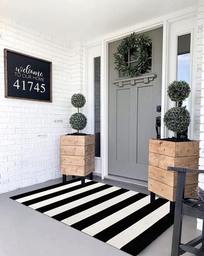 LEEVAN Black and White Striped Door Mat, 2'x4', Washable Reversible Cotton Woven Rug for Indoor/Outdoor