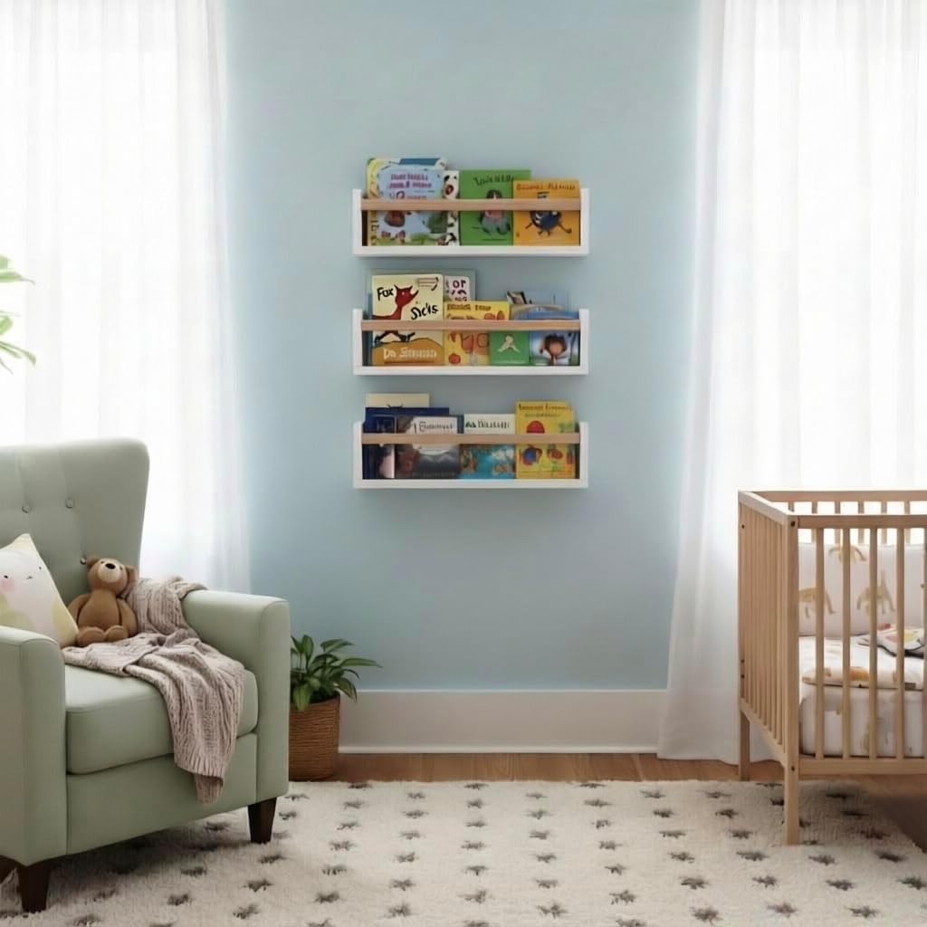 16 Inch Set 3, AZSKY Nursery Floating Shelves of White Wood Kids Wall Bookshelves & Book Organizer Ledge for Baby Room