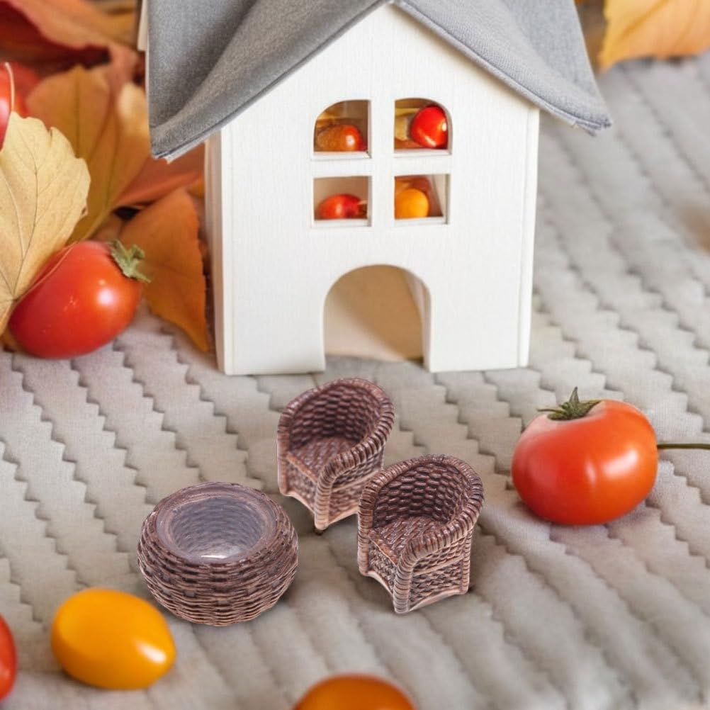 DOITOOL Miniature Table and Chairs Set: 1:12 Scale Miniature Dollhouse Accessories Mini Rattan Table and Chairs Dollhouse Furniture for Fairy Garden Micro Landscape Decoration