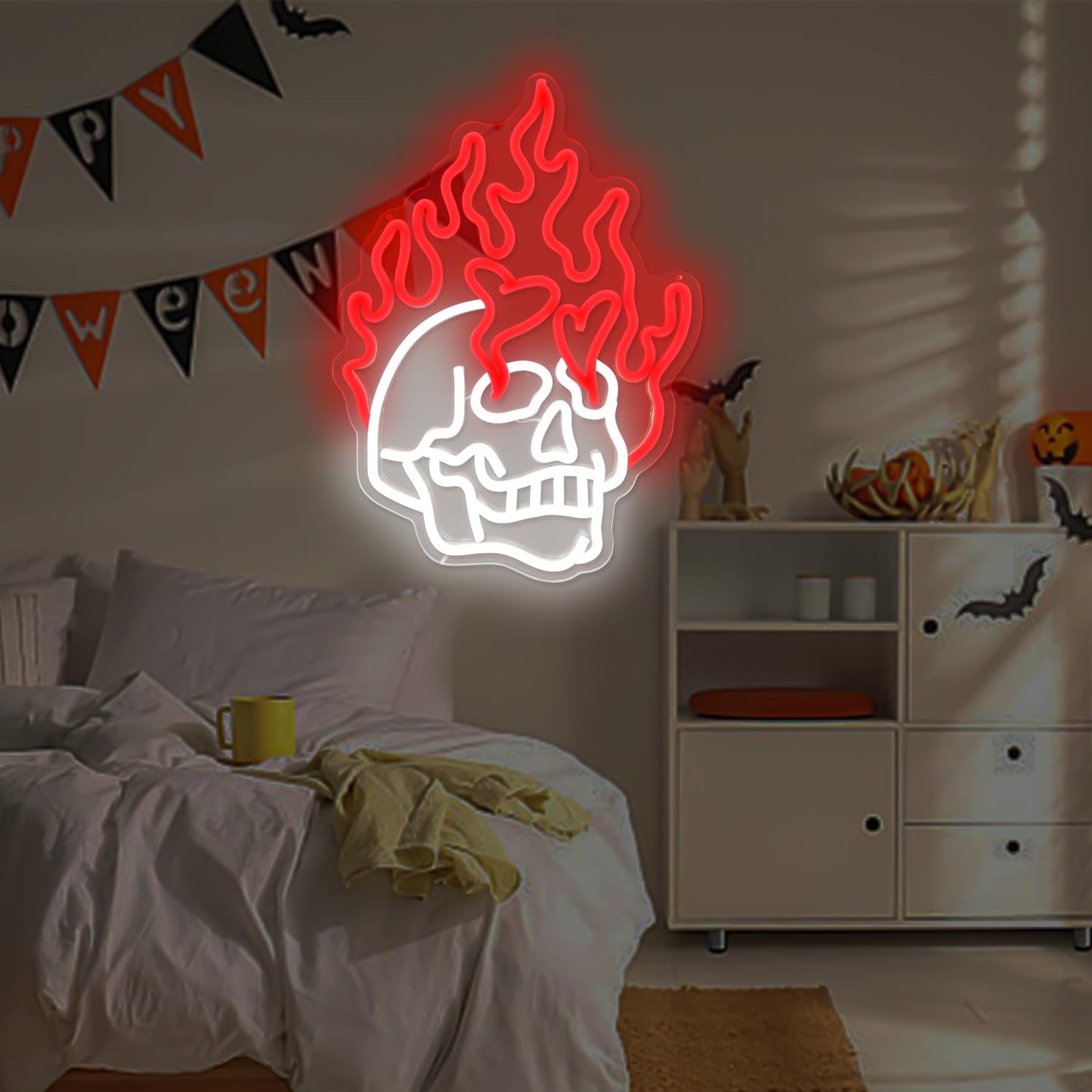 Skull Neon Signs for Bedroom Dimmable Neon Halloween Sign Skull Fire Neon Signs Skeleton Head Wall Decor Skull Led Neon Light Sign for Man Cave Beer Bar Club Game Room Halloween Party Decor Gifts