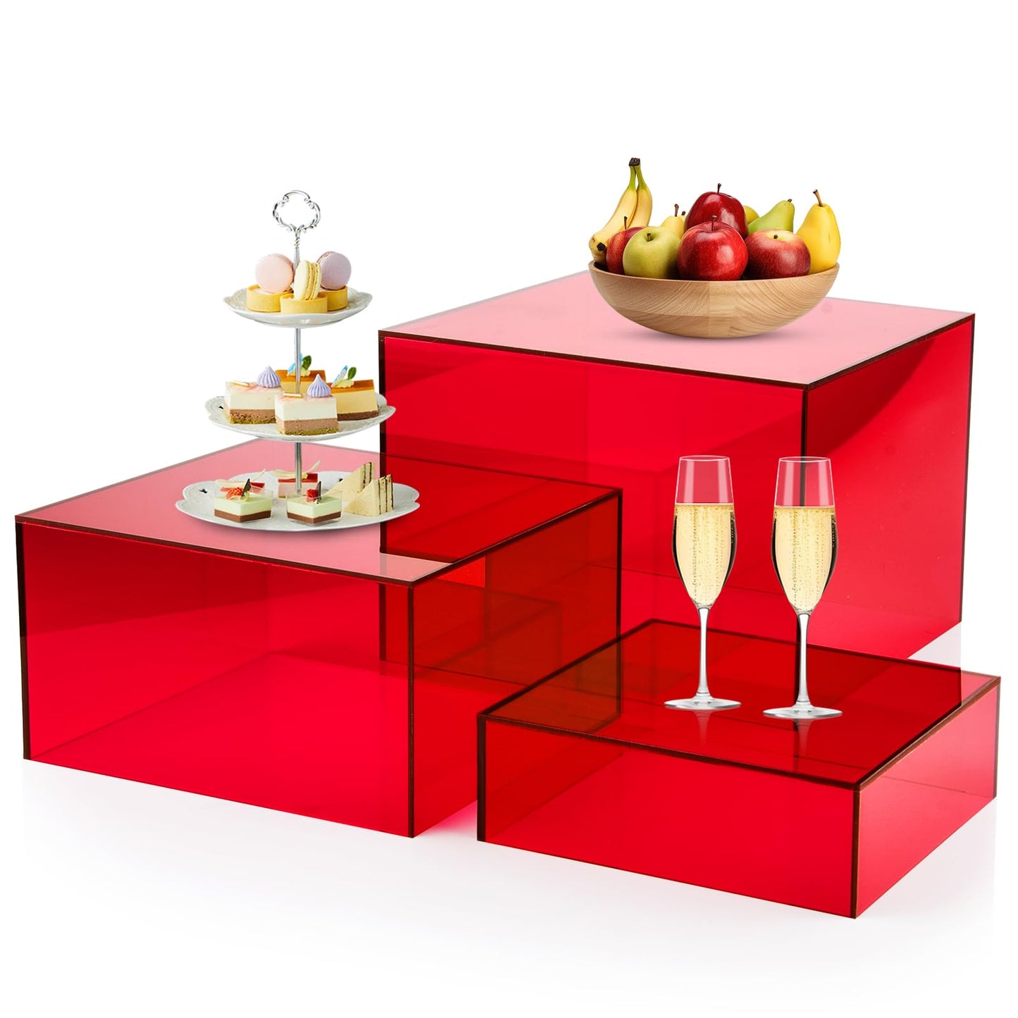 Bouiexye 3Pcs Red Buffet Risers Acrylic Boxes Display Food Risers for Buffet Table Platter Parties Weddings Catering Dessert Collectibles Figures Show (6''x7''x8'')
