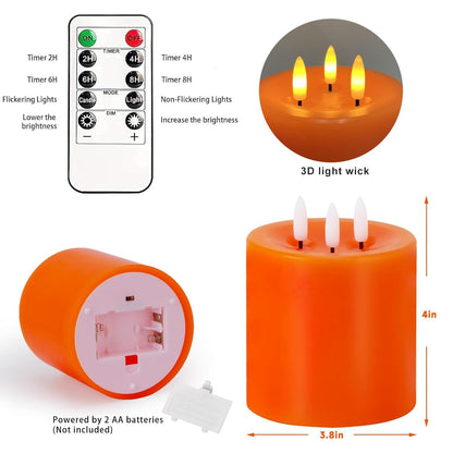 Large 3 Wick Flameless Candles, 4"x4" Flickering LED Candles with Remote & Timer, Dimmable Real Wax Pillar Candles Battery Operated, Orange Candles for Fall Thanksgiving Halloween Decor (Orange)