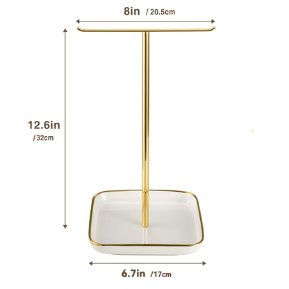 pickpiff Necklace Holder Stand with Ceramic Base: 12" Jewelry Tree Display Organizer for Necklaces, Bracelets, Rings, Earrings, Tall Gold Stand for Women, Aesthetic Room Décor, Gold and White