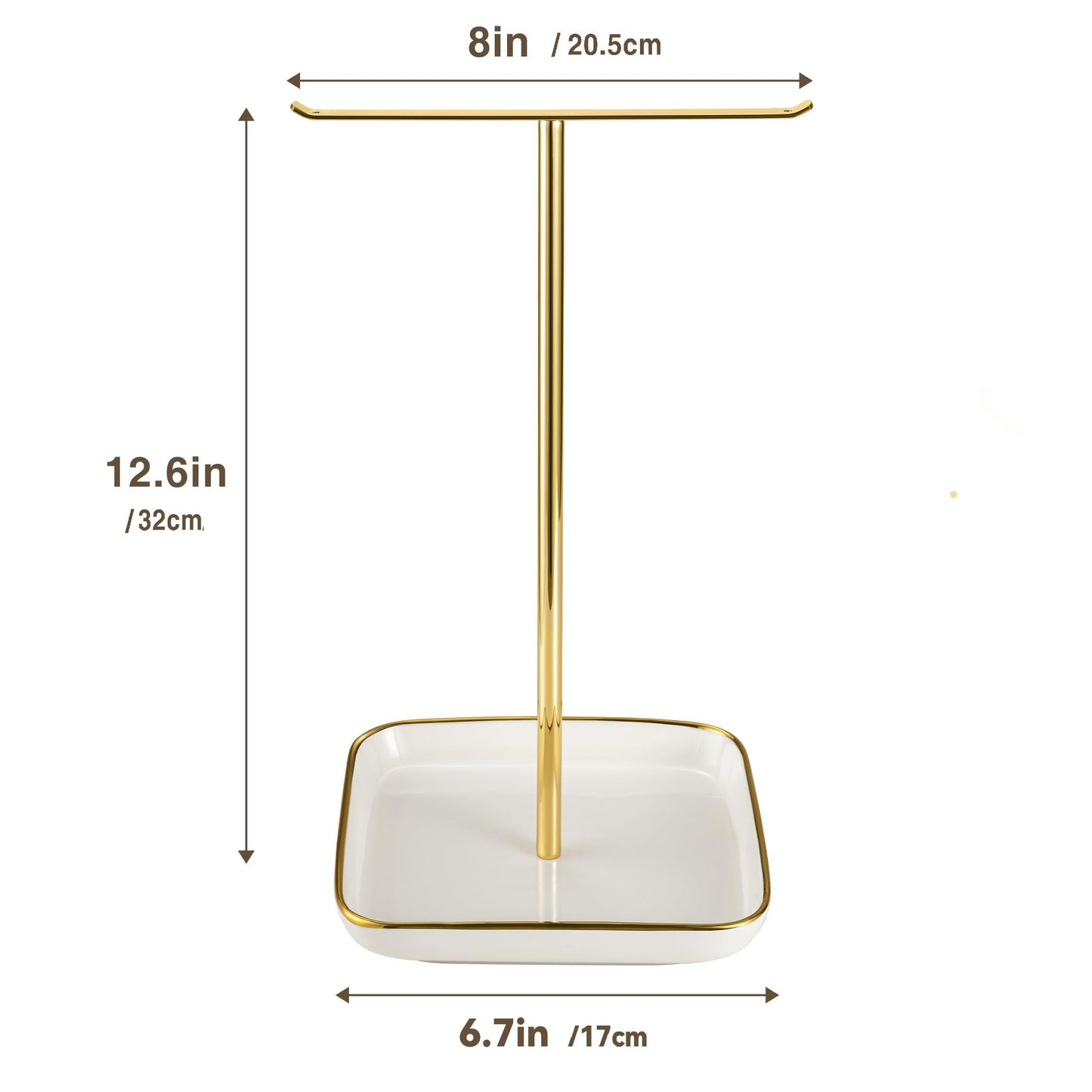 pickpiff Necklace Holder Stand with Ceramic Base: 12" Jewelry Tree Display Organizer for Necklaces, Bracelets, Rings, Earrings, Tall Gold Stand for Women, Aesthetic Room Décor, Gold and White