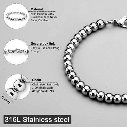 Jewelry Kingdom 1 Bracelet for Women and Men, Beaded Chain Stainless Steel, Handmade Jewelry (Thick of 6MM and Length of 9")