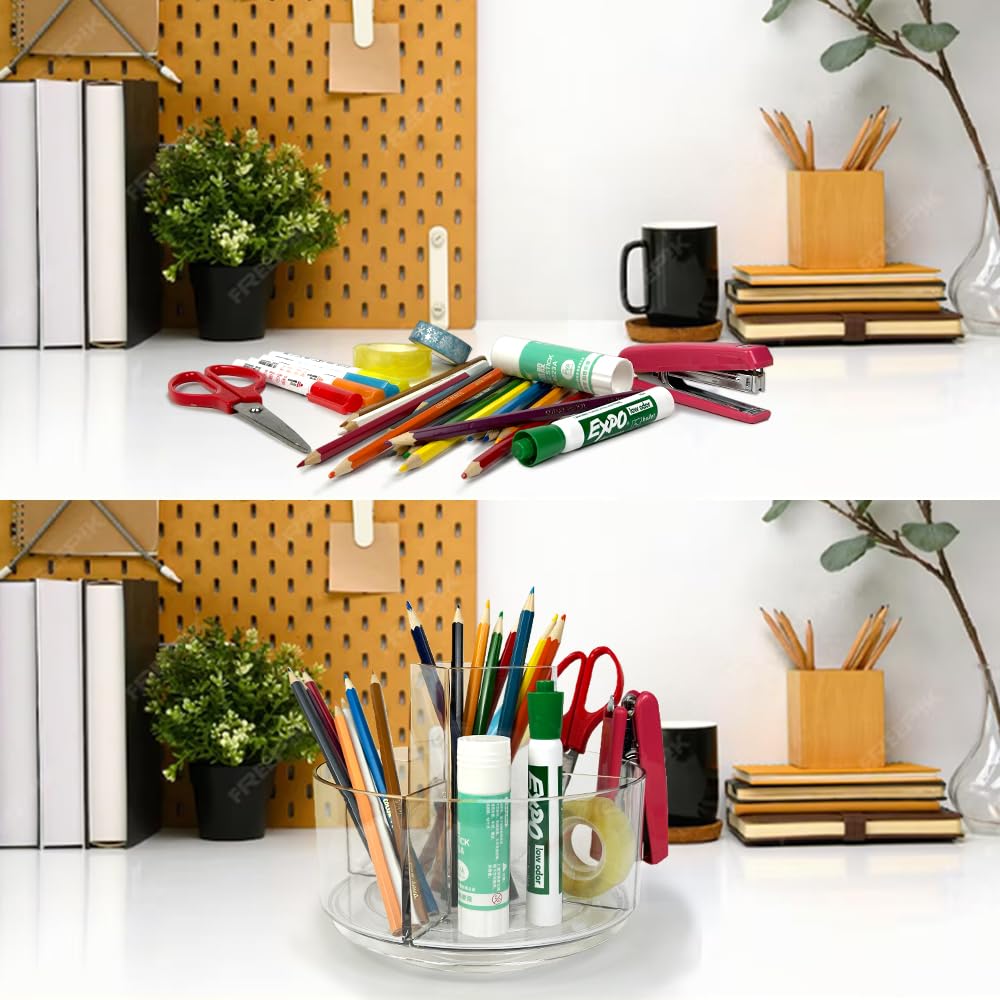 YOFANNER Rotating Acrylic Pen Holder, Clear Pencil Holder for Desk, 360 Degree Rotating Makeup Brush Holder and Storage Organizer, Modern Desk Organizer for School, Home and Office.
