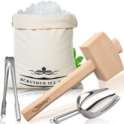 Lewis Bag and Ice Mallet - Wood Hammer and Lewis Bag for Crushed Ice, Bartender Kit Set & Bar Tools Kitchen Accessory