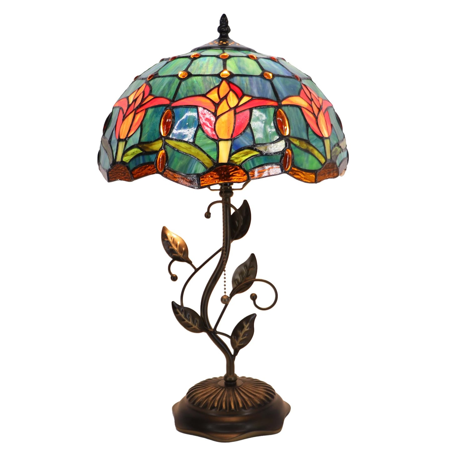 LXHCYOU Tiffany Table Lamp, Stained Glass Desk Light, W12H19 Inch, Metal Leaf Base (Tulip Style)