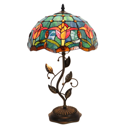 LXHCYOU Tiffany Table Lamp, Stained Glass Desk Light, W12H19 Inch, Metal Leaf Base (Tulip Style)