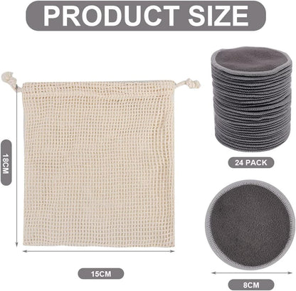 LOPHE Washable Make-Up Pads, Pack of 24 Cotton Pads, Reusable, Made of Bamboo Charcoal, Make-Up Nursing Pads with Laundry Bag, Cotton Pads, Sustainable Make-Up Wipes for Facial Cleansing (Grey)