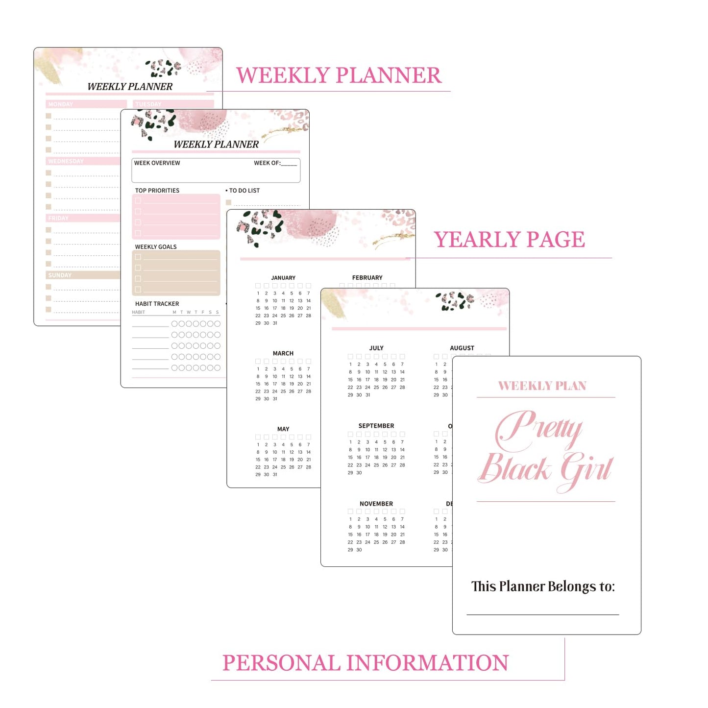 Black Girl Weekly Planner Gift Set - 52 Weeks Undated Planner with 190+ Stickers, Washi Tape, Journal Supplies & Accessories for Teen Girls - Inspirational Productivity Organization Kit, Present Box