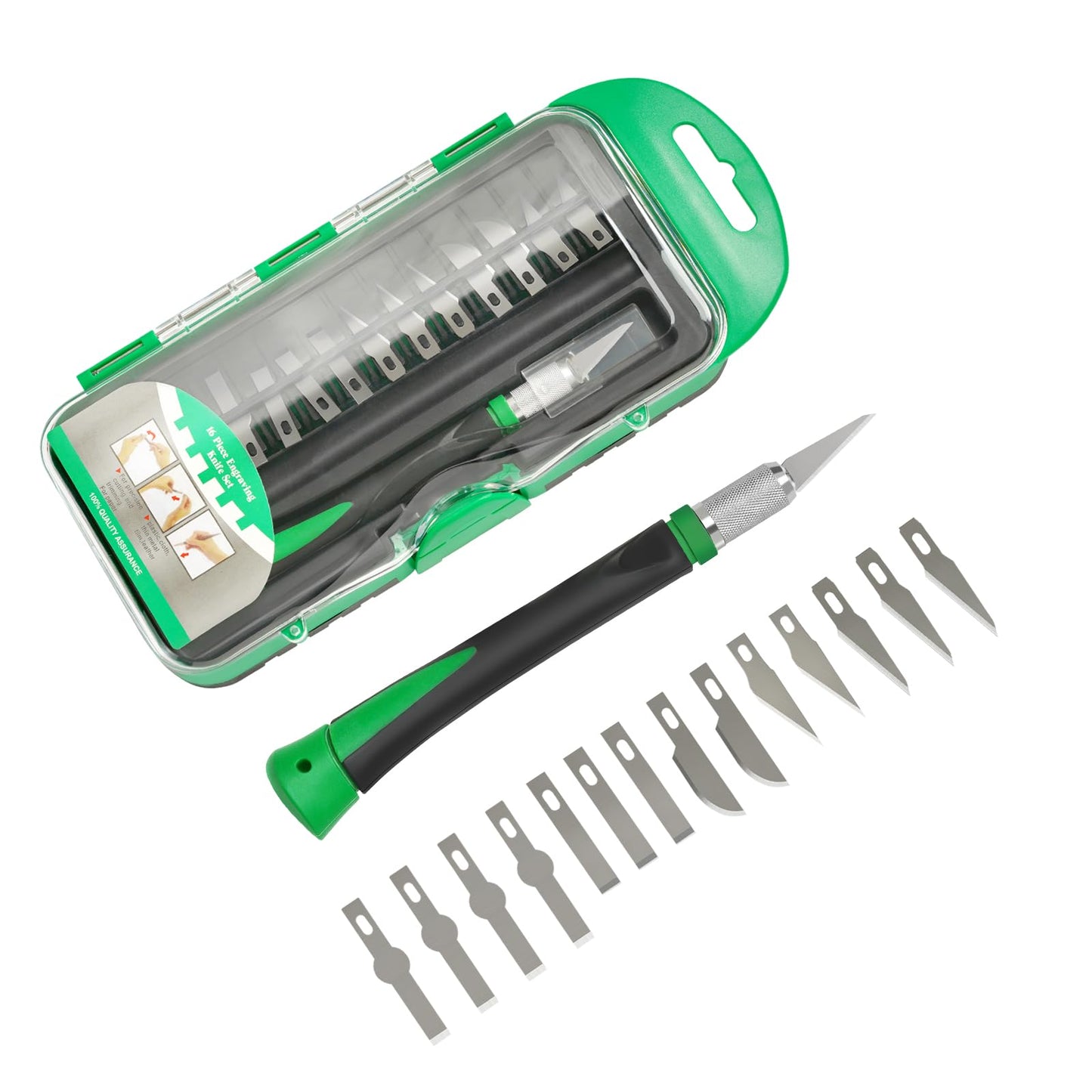 Precision Craft Knife Set with 15 Replacement Blades - Ergonomic Non-Slip Handle Hobby and Exacto Knife Set with Protective Cover for Art, Scrapbooking, Architecture Modeling, Stenciling (Green)