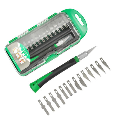 Precision Craft Knife Set with 15 Replacement Blades - Ergonomic Non-Slip Handle Hobby and Exacto Knife Set with Protective Cover for Art, Scrapbooking, Architecture Modeling, Stenciling (Green)