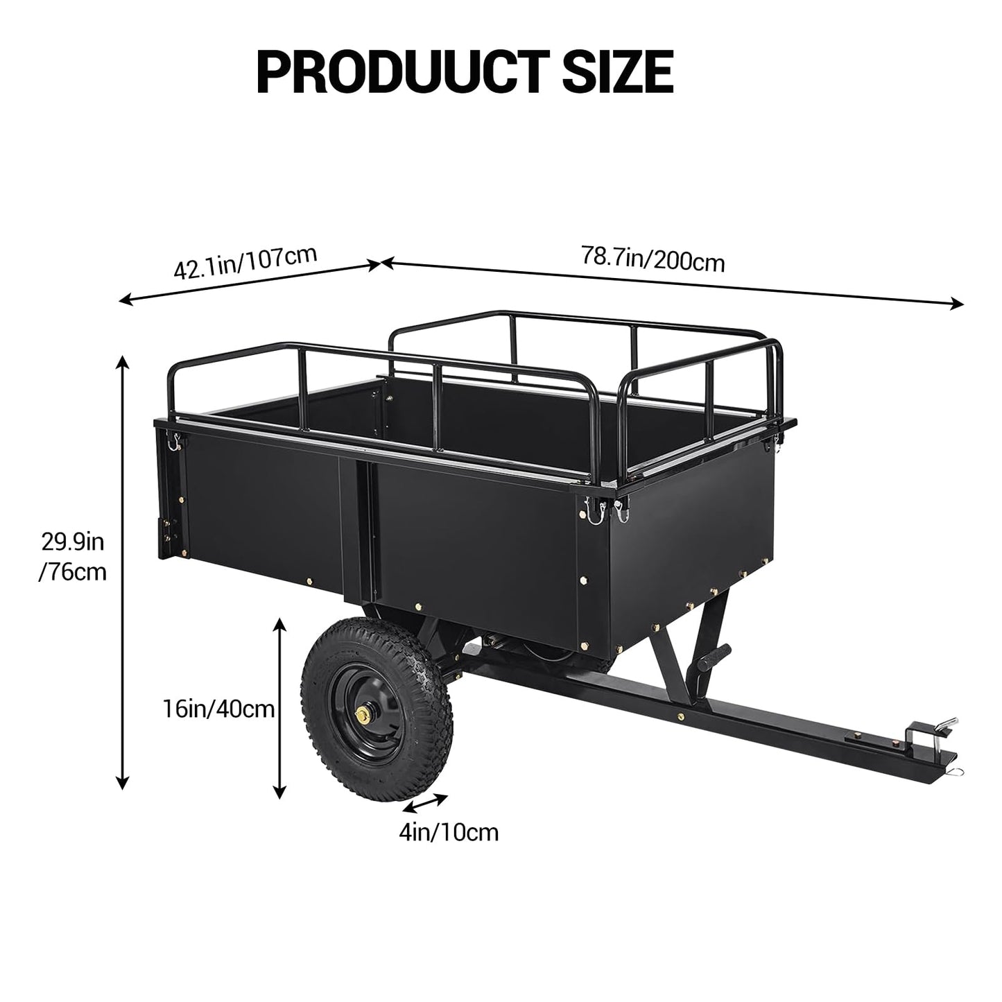 Heavy Duty Dump Cart ATV/UTV Trailer, 1600 Lb with Removable Sides & All Terrain Tires Lawn Mower- Gardening Equipment for Yard, Lawn, and Outdoor Use