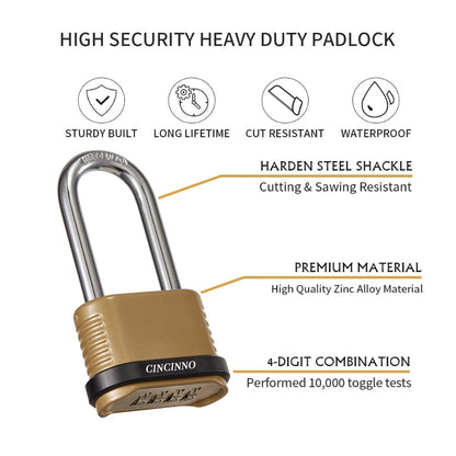 CINCINNO Heavy Duty Combination Lock, 4-Digit Combo Lock with Long Shackle,Weatherproof Combination Padlock for Outdoor Use,4 Pack