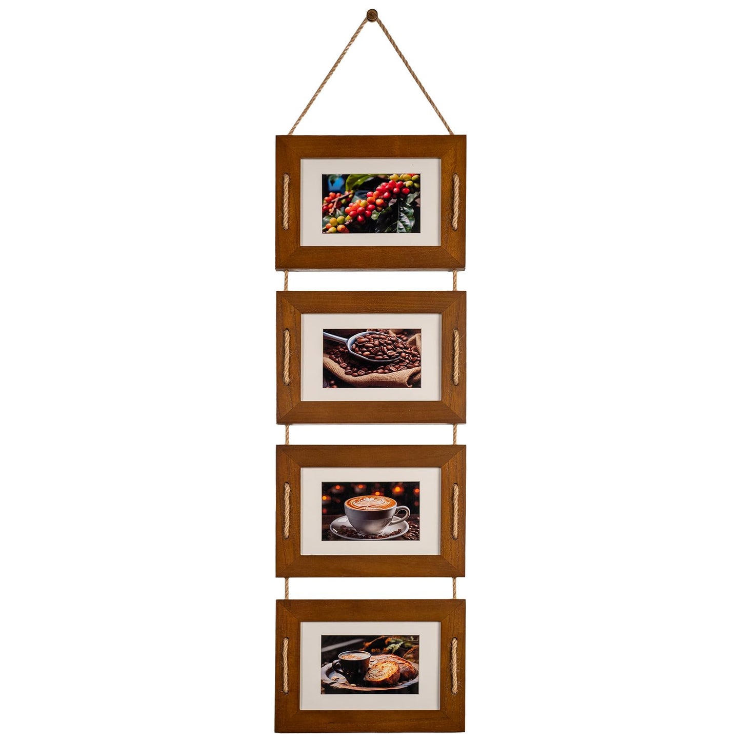 DLQuarts 5x7 Hanging Collage Picture Frames Wall Decor, 4-Opening 5x7 Matted to 3.5x5 Photo Rustic Wood Frame with Hemp Rope, 1 Pack, Dark Walnut