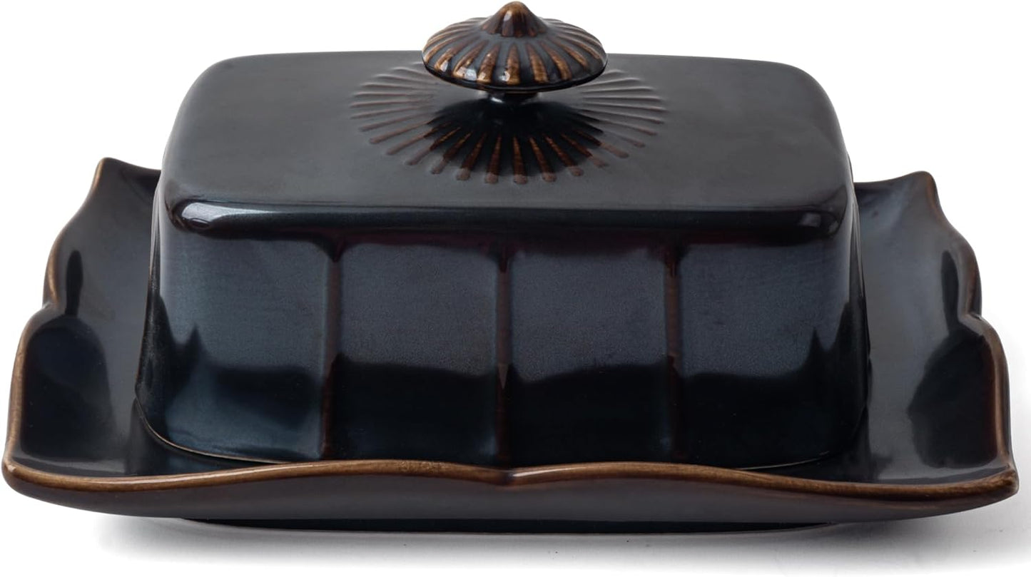 Countertop, 7.5 Inch Butter Dish with Lid for Large Ceramics Butter Dish Container, Butter Holder with Handle, Black