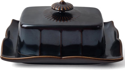 Countertop, 7.5 Inch Butter Dish with Lid for Large Ceramics Butter Dish Container, Butter Holder with Handle, Black