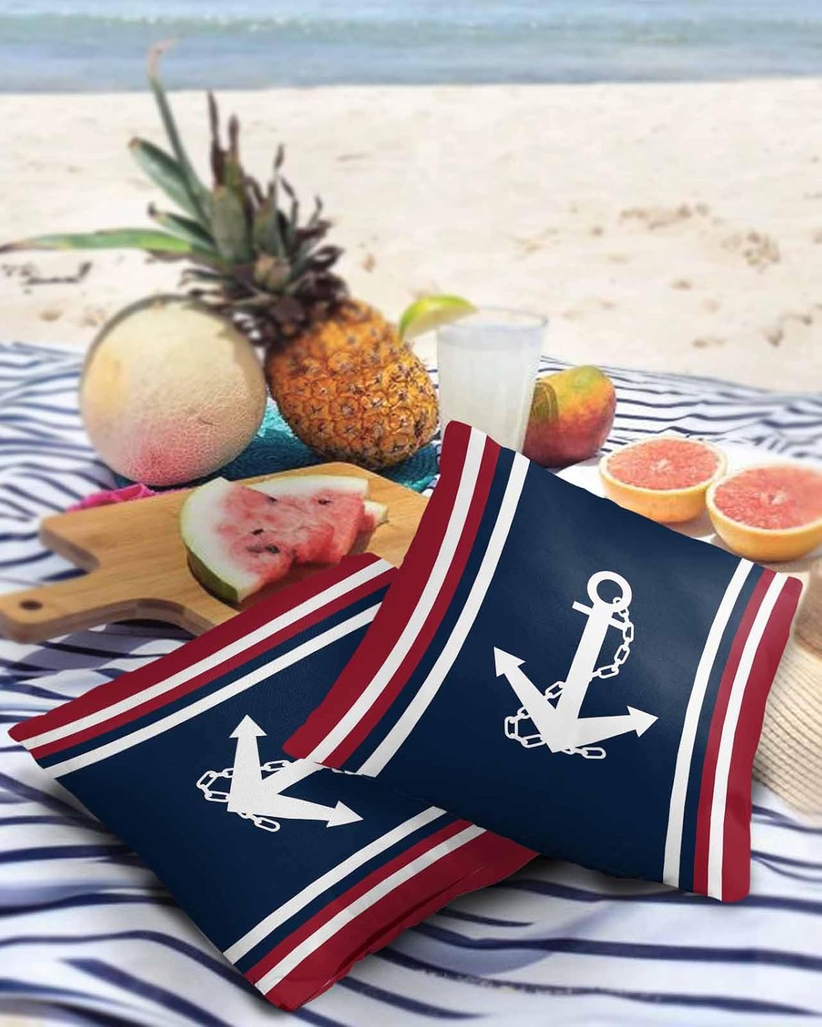 Waterproof Pillow Covers for Couch, Set of 2 Throw Pillow Cases, Nautical White Anchor Navy Blue Red Decorative Cushion