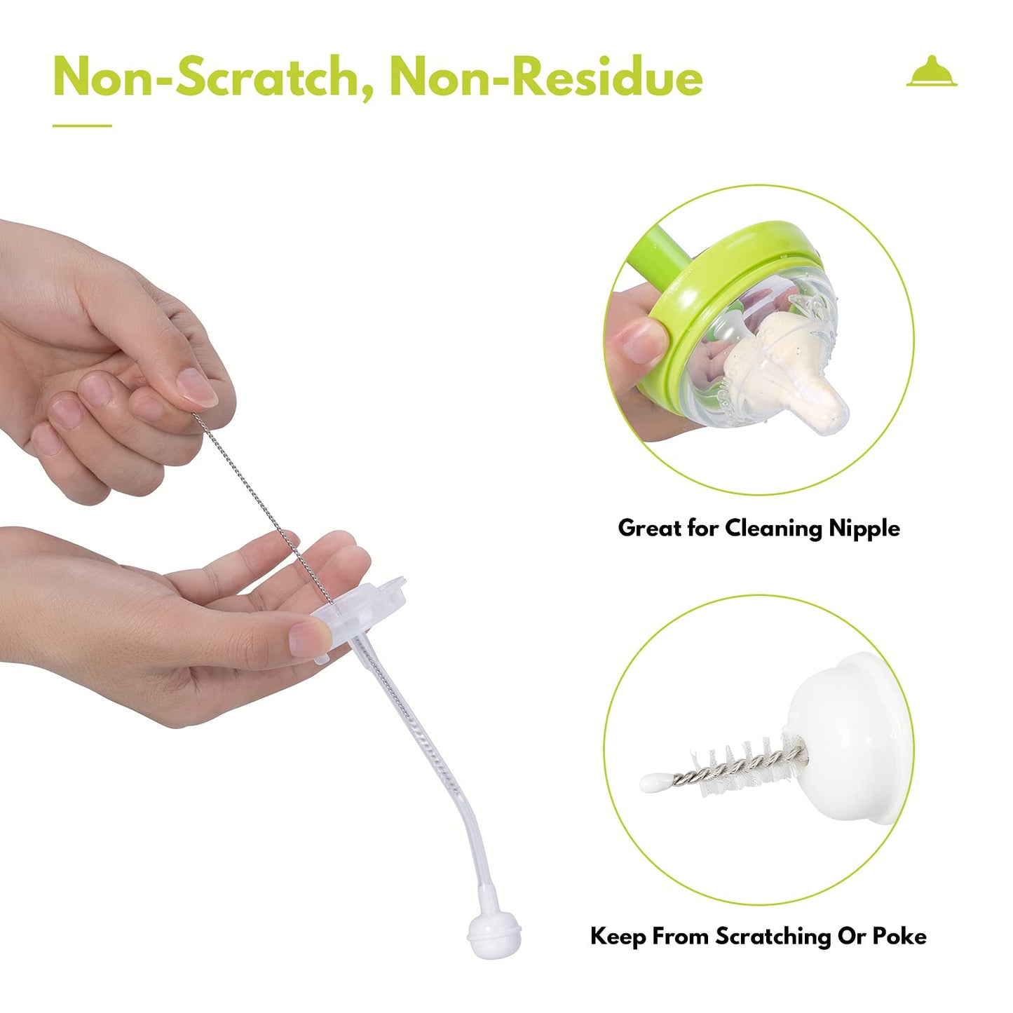 Carebabymore 8 Piece Sponge Nipple Bottle Brushes, Baby Bottle Brush with 3 Piece Nipple Cleaner, 3 Piece Replacement Heads and 2 Piece Straw Brushes, Green