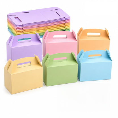 Treelement 24 Pcs Party Favor Gable Boxes with Handle and Stickers, 6×3.5×3.5 Inch Colorful Treat Boxes for Candies, Birthday, Wedding, Bridal Shower.