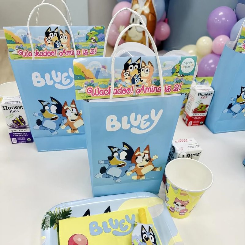 Multicolor Bluey Printed Party Favor Bags - 8.25" x 5.25" x 3", Pack of 8 Blue Kraft Treat Bags - Perfect Paper Bags for Kids Birthday, Baby Shower, Themed Party & More