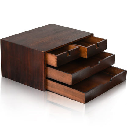 DEAYOU Bamboo Desk Organizer, 100% Natural Bamboo Desktop Drawer Organizer, Dark Brown Tabletop Storage Cabinet Organization Box with 4 Drawer for Makeup, Letter, Home, 3 Layer, Fully Assemble