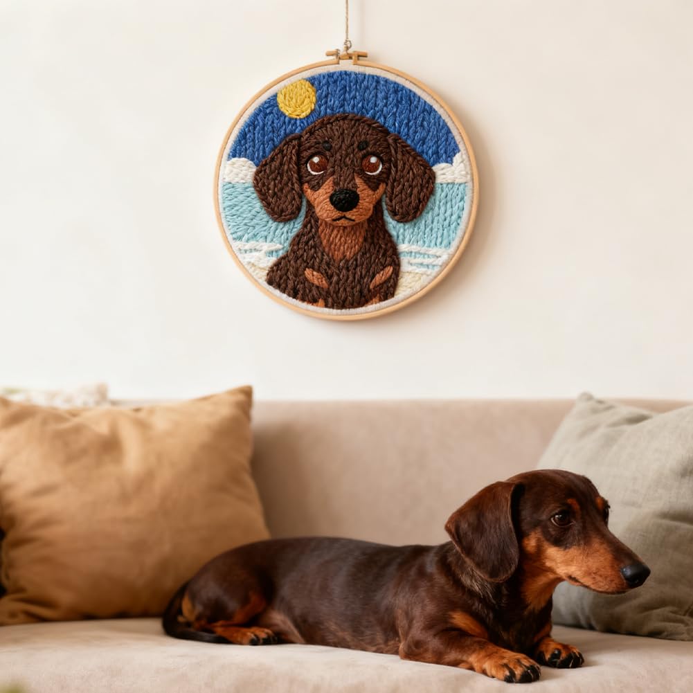 INFUNLY Dachshund Punch Needle Kits for Adults Beginners Brown Dog Needle Embroidery Starter Kit Puppy DIY Punch Needles Kit with Instruction Needles Fabric for Art Crafts Festival Gift Home Decor