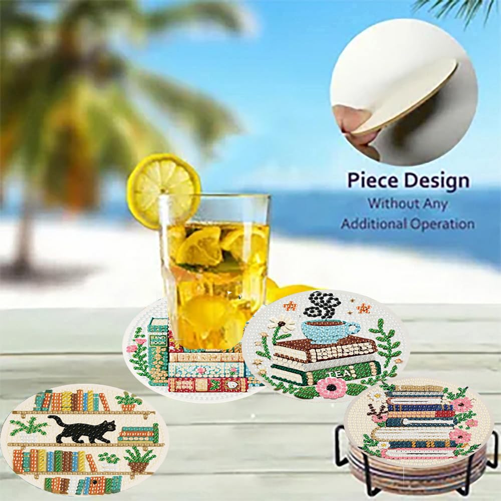 Zythron 8 Pcs Bookshelf Diamond Art Coasters Books Diamond Painting Coasters Kits DIY 5D with Holder with Holder Cork Pads DIY for Beginners, Adults, Diamond Art Kits Crafts Supplies 4x4 in