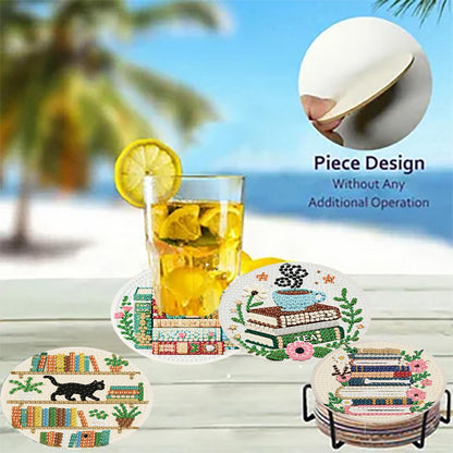 Zythron 8 Pcs Bookshelf Diamond Art Coasters Books Diamond Painting Coasters Kits DIY 5D with Holder with Holder Cork Pads DIY for Beginners, Adults, Diamond Art Kits Crafts Supplies 4x4 in