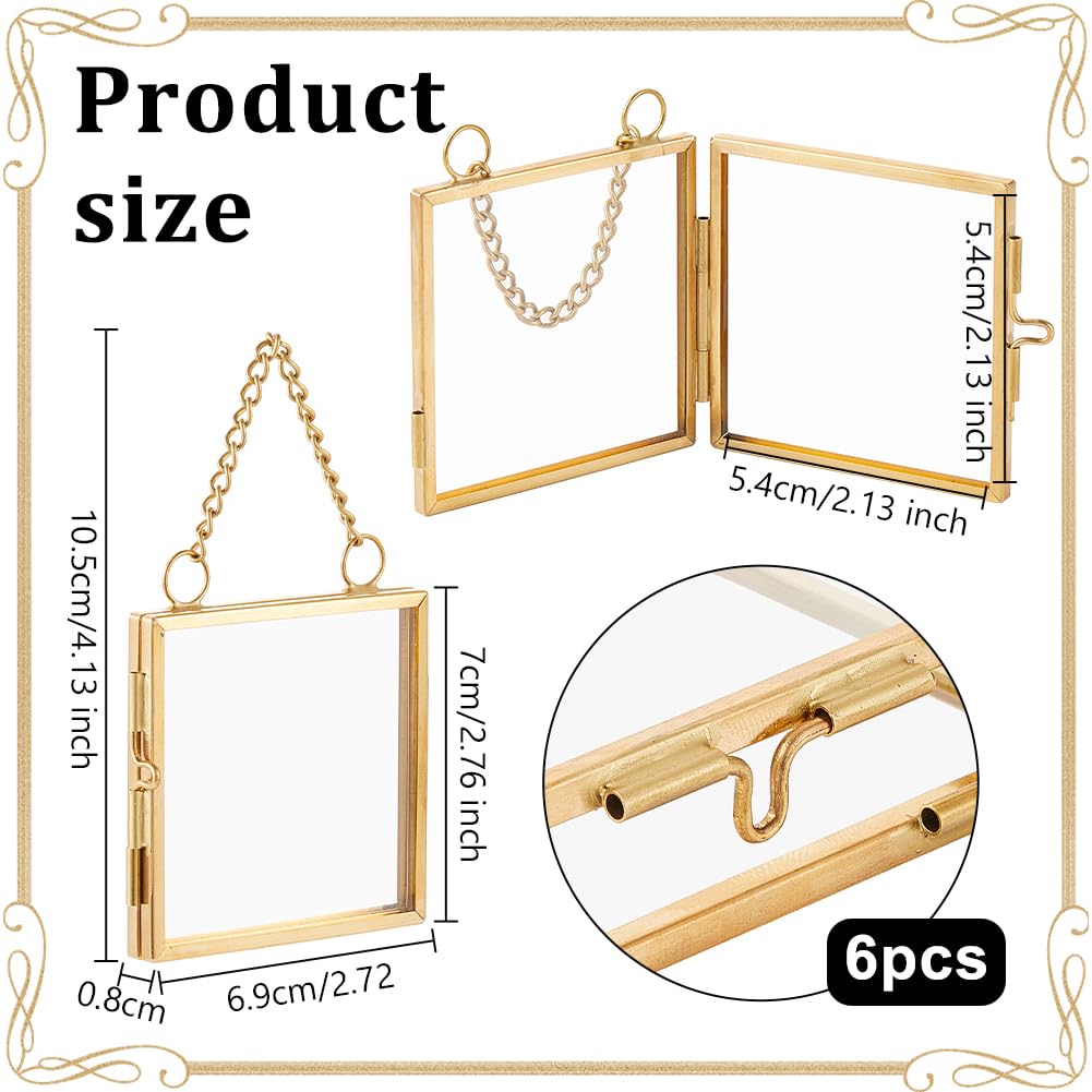 OLYCRAFT 6pcs Gold Mini Glass Hanging Frame 2.1x2.1 Inch Gold Metal Picture Frames Clear Double Glass Floating Frames Hanging Artwork Display Frame for Pressed Flowers Leaf and Artwork
