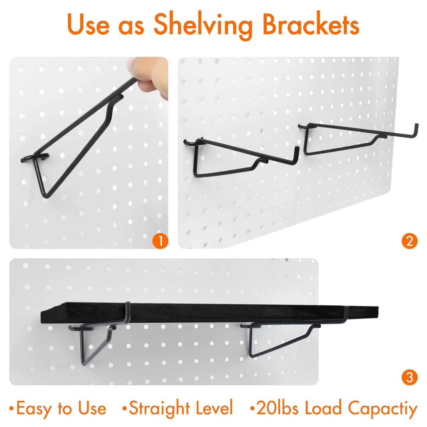 2 Pack Pegboard Shelves with Brackets, Peg Shelf Board with Hooks Fits 1/8" 1/4" Pegs Slots, Peg Board Organizer Accessories Various Tools Storage Arrange System for Garage Craft Workshop Workbench